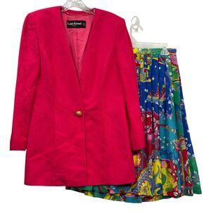 Vintage Louis Feraud Women's Skirt Suit Set Blazer Colorful Pink Size 4/6